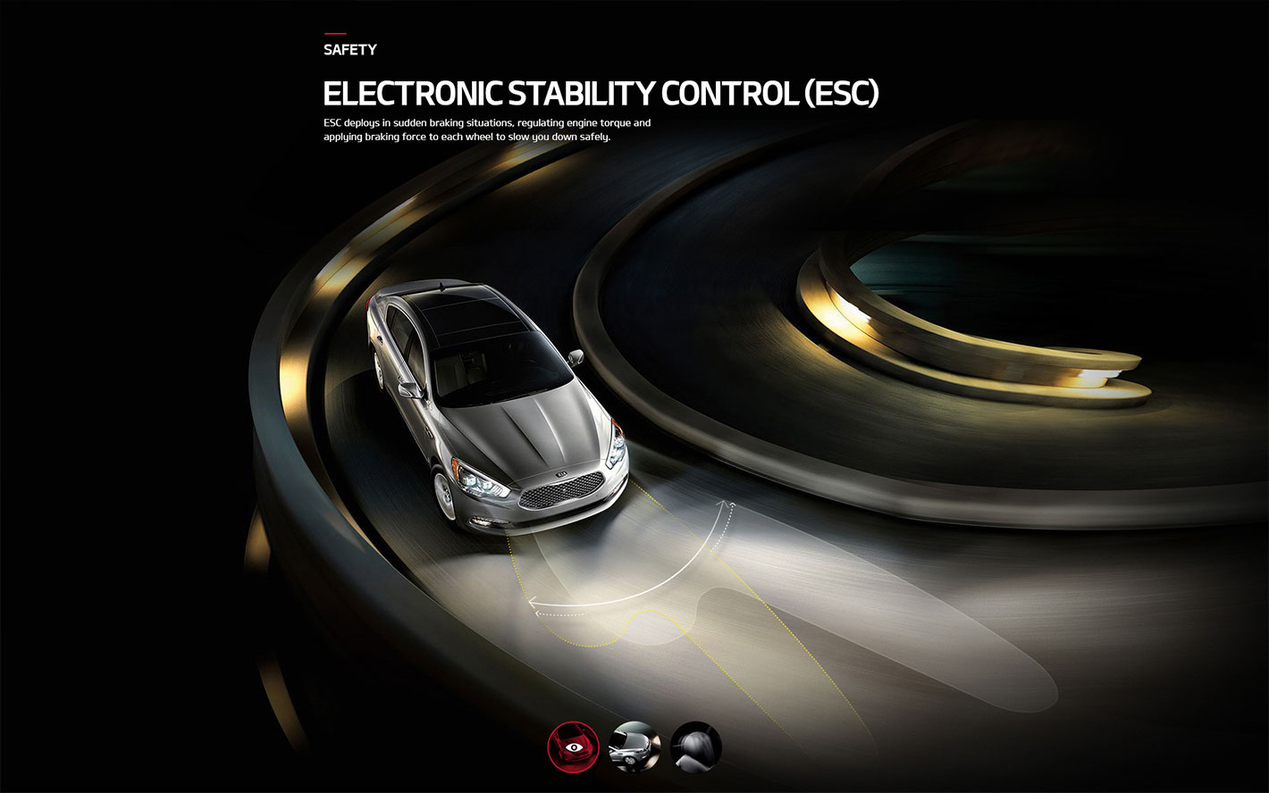 Web design illustrating Kia Motors' Electronic Stability Control (ESC) safety feature