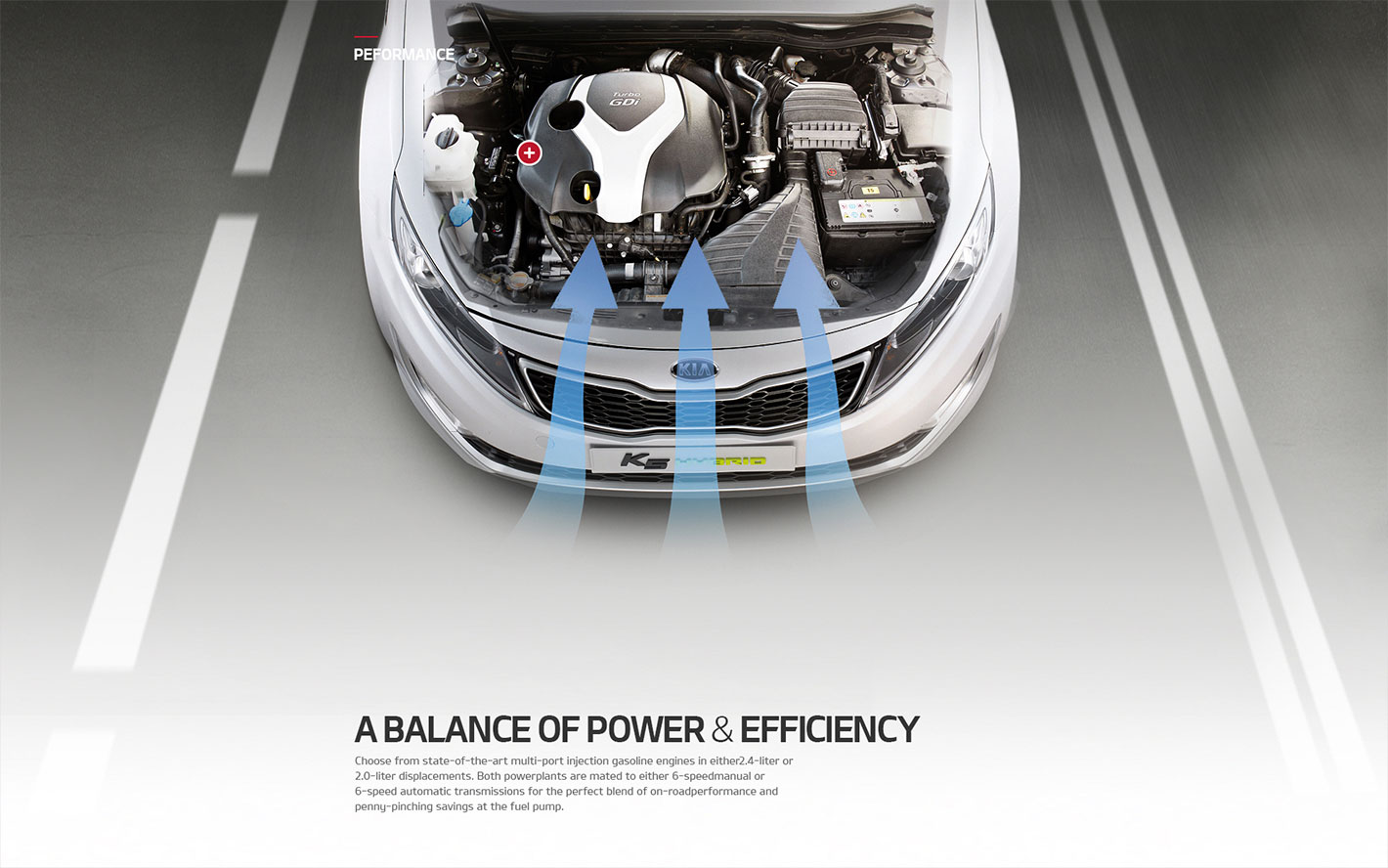 Web design illustrating Kia Motors' balance of power and efficiency feature